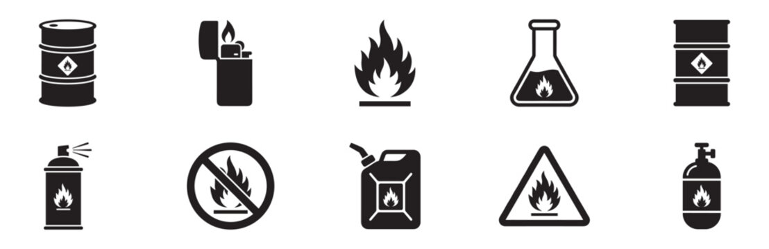 Flammable and fire hazard icon set. Fuel barrel, lighter, flame, chemical flask, aerosol spray, canister and gas cylinder symbols. Vector illustration.