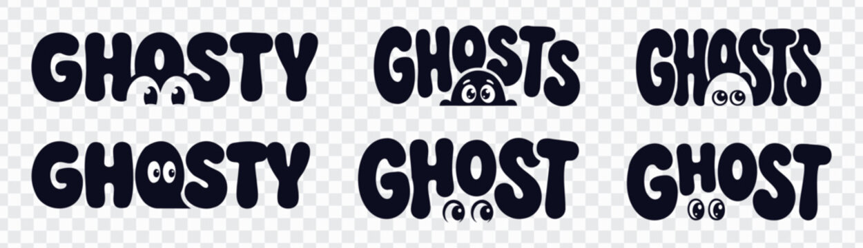 Set of six Halloween ghost typography logos with playful navy lettering and spooky face details, ideal for party invitations, stickers, kids apparel, posters, and seasonal branding.