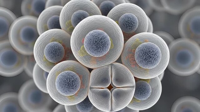 Stem cell displaying biological division process, organism development, regenerative medicine research, microscopic structure, genetic engineering application, biotechnology innovation.