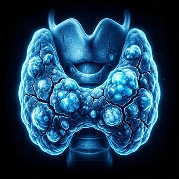 scan of A human thyroid filled with nodules and cracks, symbolizing thyroid disease or damage.	
