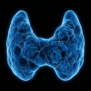 scan of A human thyroid filled with nodules and cracks, symbolizing thyroid disease or damage.	
