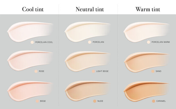 Samples of foundation smears for face mockup. 3D hight realistic vector illustration isolated on grey background. Scalable without lose quality. Ready layered template for your design. EPS10.