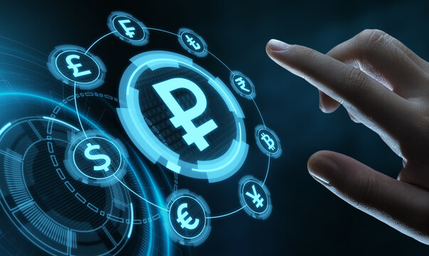 Hand Touching Digital Ruble Symbol Financial Technology and Banking Concept