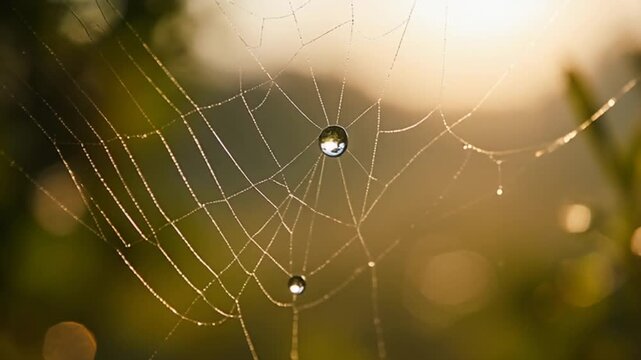 close-up of spider weaving intricate web in golden sunlight