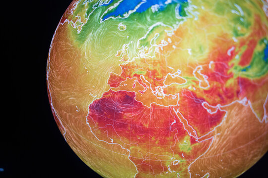 Thermal satellite map illustrating severe heatwaves and rising temperatures across Europe and North Africa. A strong visual metaphor for global warming and the global climate change crisis.