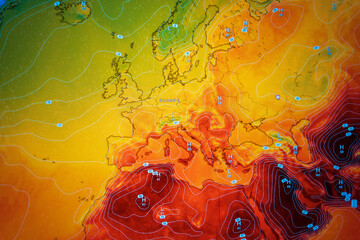 Naklejka na ściany i meble Weather forecast map of Europe and North Africa showing extreme summer heat. Bright orange and red gradients visualize an intense heatwave, global warming, and climate change effects