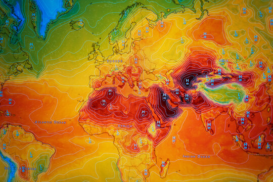 Global weather map displaying severe heatwave anomalies in deep red and orange across Europe, Africa, and Asia, clearly illustrating the critical issues of climate change and global warming