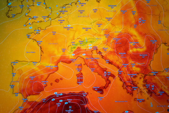 Weather forecast map of Europe displaying high summer temperatures. The orange and red gradients visualize extreme heatwaves, global warming, and climate change across the continent.