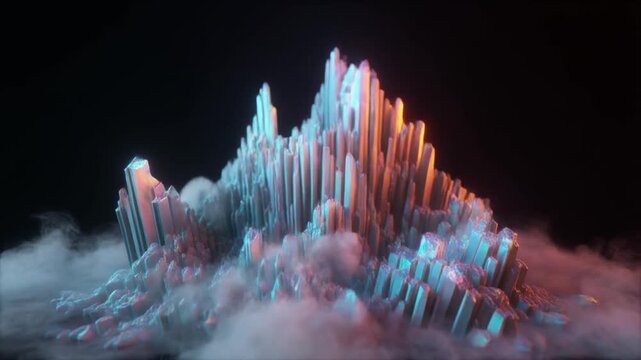 3d animation of glowing crystal formation explosion in dark