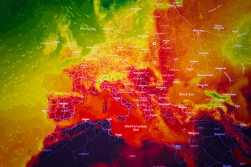 Fototapeta na wymiar European weather map displaying extreme heatwave and rising temperatures. Intense red and purple colors illustrate global warming, climate change, and anomalous summer heat across Europe