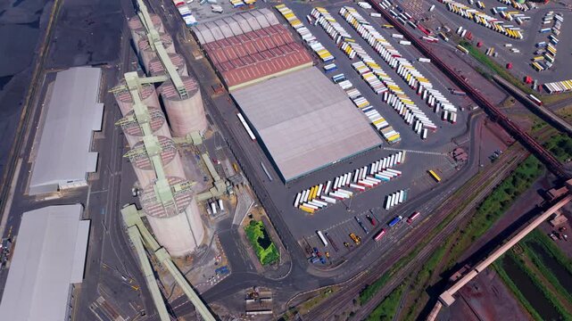 Aerial view of Ro-Ro terminal at Immingham Port with HGVs loading onto freight ferry