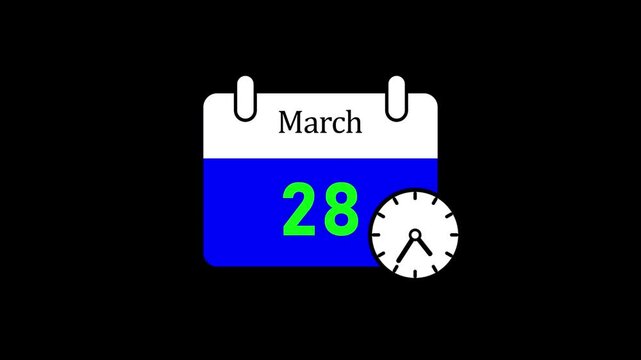 Blue calendar with clock on march 28th day isolated on black background