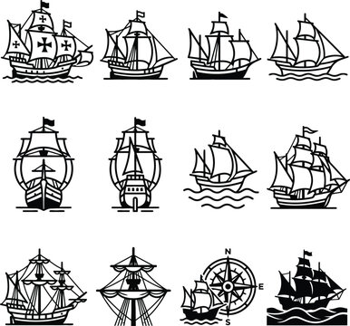 Historical sailing ships collection featuring caravels galleons and old world vessels art.