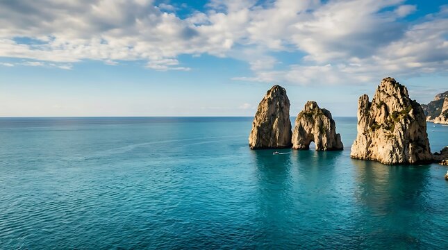 Spectacular limestone rock stacks in clear blue mediterranean sea