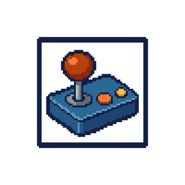 Isometric pixel art arcade joystick with orange buttons.