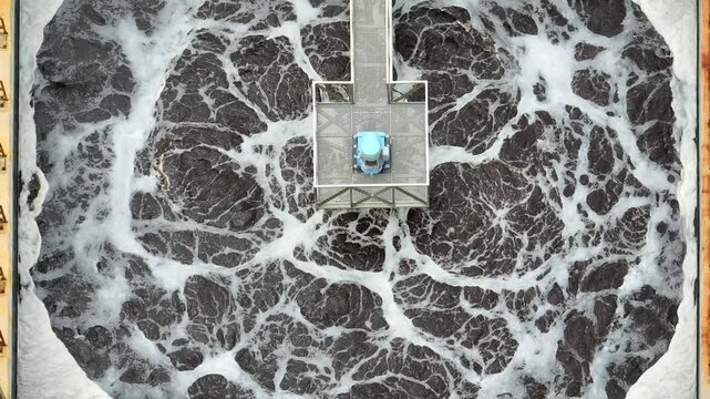 Aerial view of an industrial wastewater treatment basin revealing the core of environmental engineering through controlled biological processes, ESG sustainability actions into organized purification.