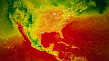 weather temperature map visualization showing extreme anomalous heat over North and Central America, including the USA and Mexico. Deep red and orange colors illustrate a severe heatwave © alones