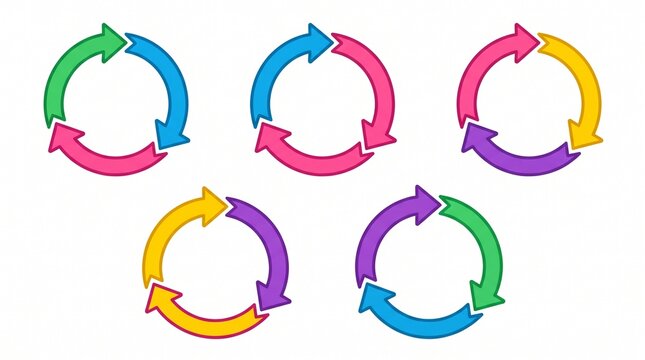 Colorful circular arrow icon set showing process flow and cycle concepts for business and design visualization
