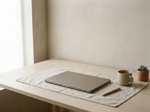 Minimalist workspace with open laptop on wooden desk. Modern home office setup featuring natural morning light and small potted plant.