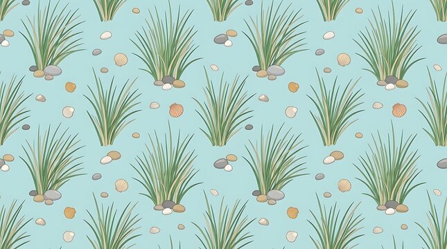 Seamless pattern with sea grass pebbles and seashells on blue