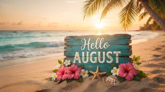 Tropical Beach Sunset with Hello August Sign and Flowers