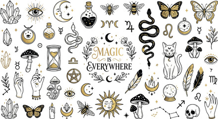 Obraz premium Magic and Witchcraft Doodle Elements Vector Mystical Clipart Collection