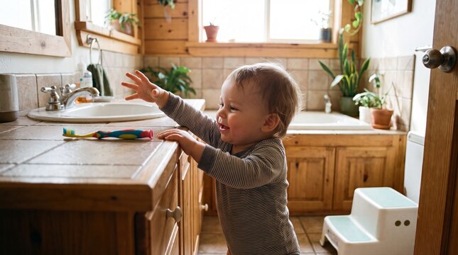 Toddler reaching for a toothbrush on a bathroom counter at home. Child learning daily oral hygiene