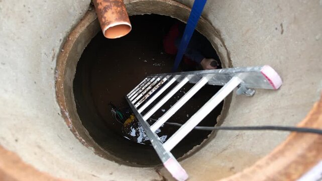 A service worker cleaning blocked sewer. A metal ladder descends into a concrete septic tank or sewer manhole with a plastic pipe. Maintenance work, utility service, underground infrastructure. 4k.