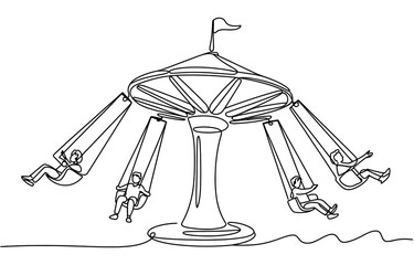 Continuous single line drawing of a swing ride amusement park carousel with happy people having fun on a summer carnival fairground attraction © Kanu Art_Gallery