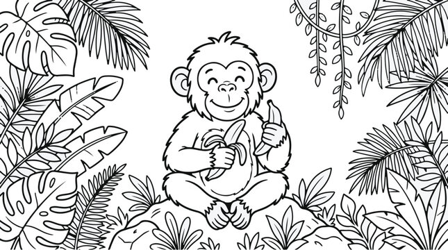 Smiling baby monkey sitting in tropical leaves