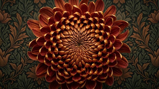 Detailed copper dahlia flower over dark vintage floral pattern