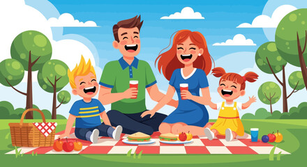 Fototapeta premium Family picnic on a sunny day with children and parents sitting on a checkered blanket