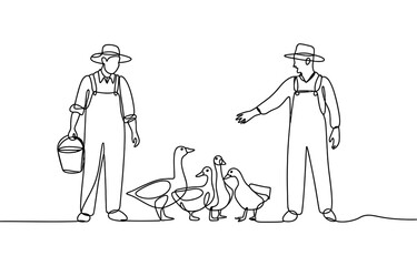 Obraz premium Two farmers feeding ducks in a farm scene drawn with a single continuous line style