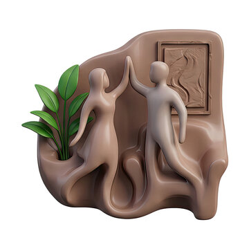 Two figures high-fiving with plant and art