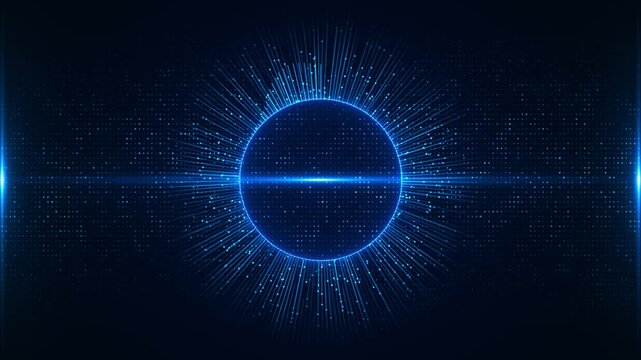 Blue digital eclipse background glowing circular rim, radial data rays, dotted matrix, 19 depth AI videos, cyber intros, network analytics, software promos, science visuals, futuristic