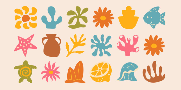 Boho summer icons of beach elements and sea waves with abstract sun designs. Tropical collection with lemon, palm tree, surf graphics, ocean fish and starfish in groovy retro style.