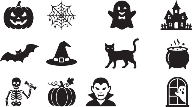 Black halloween silhouette featuring pumpkins, spider webs, ghosts, haunted houses, bats, witch hats, cats, cauldrons, and skeletons on white
