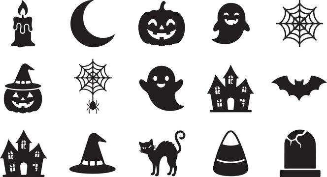 Collection of black halloween silhouettes featuring pumpkins, ghosts, haunted houses, witch hats, spiders, webs, and candy corn on white background