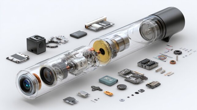 Camera Lens Assembly with Transparent Tube and Exposed Electronic Components, Showing Precision Engineering Concept