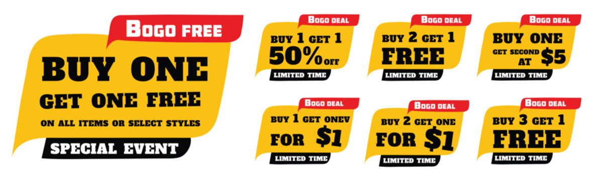 Buy one get one free promotion labels. bogo sale badges, yellow discount stickers, special event ribbons, half price tags. for retail store advertising banners. bold flat vector design.