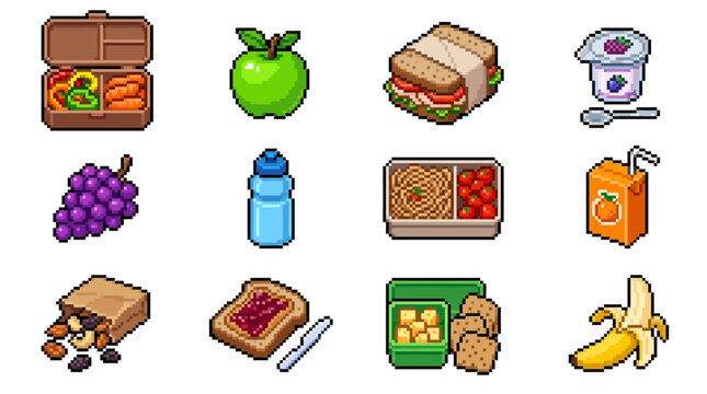 Set of Pixel Art Healthy Food and Lunch Items Icon Collection