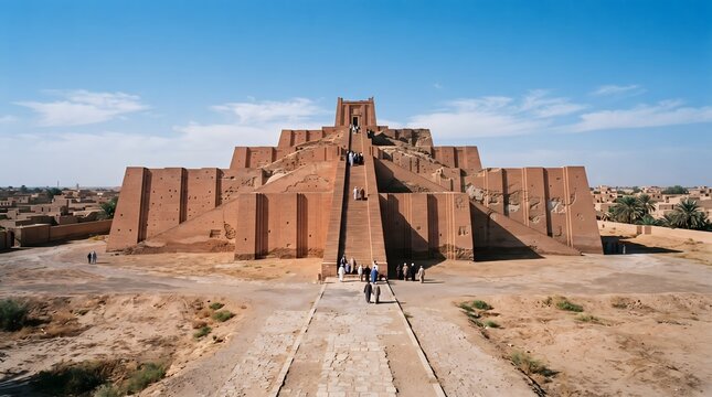 Historical ziggurat architecture in the desert landscape with visitors exploring ancient ruins