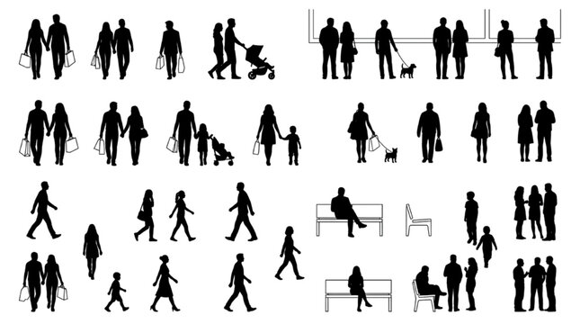 Shopping couple silhouette set with bag dog walker and family, bench sitter vector figure