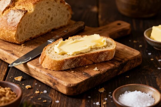 Buttered Bread Slice on Wooden Board