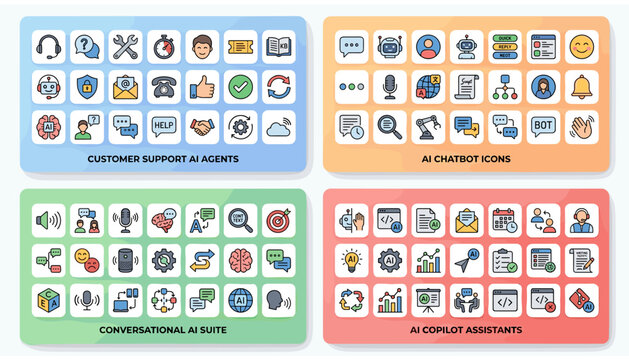 Set of ai and customer support icons for chatbots, conversational ai, and copilot assistants