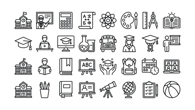 Collection of educational and school related icons with transparent background