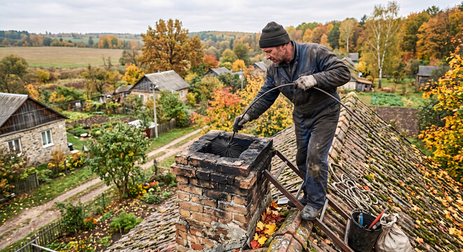 Male chimney sweep cleaning brick chimney soot with wire brush on rural cottage roof