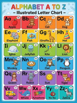 Colorful illustrated alphabet chart for early childhood education