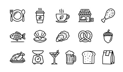 Modern Food Line Icon Set with Restaurant Cafe Coffee Seafood Bakery Beverage and Kitchen Outline Symbols © MdDelowar