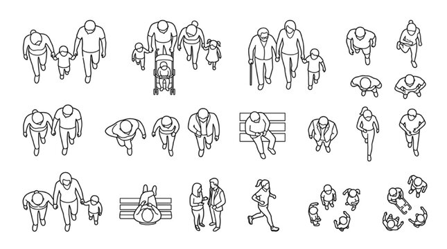 Top view family outline set with elderly stroller jogger and bench sitter, line art site plan figure